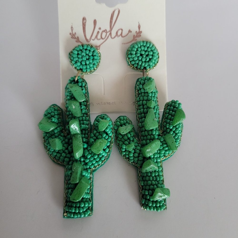 Fashion Cactus Beaded Handmade Boho Seed Bead Hoop Dangle Drop Earrings Green - Picture 3 of 5